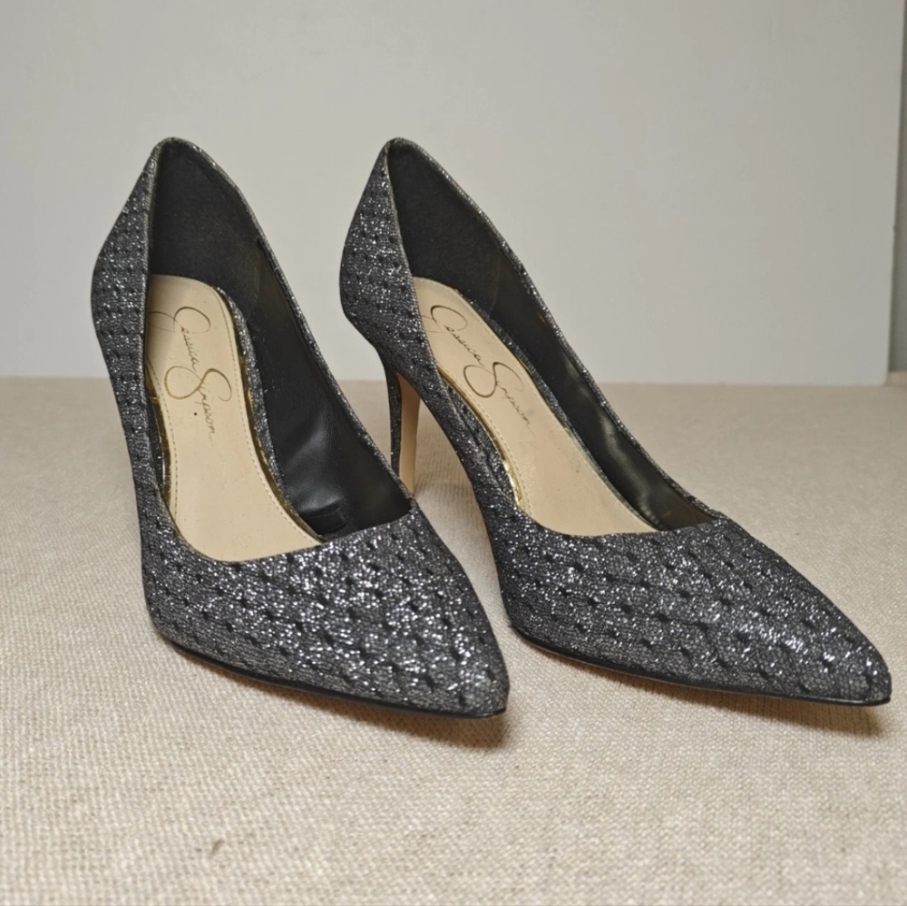 Jessica Simpson Women's Black Grey Glitter Pointed Toe Slip On Stiletto Heels